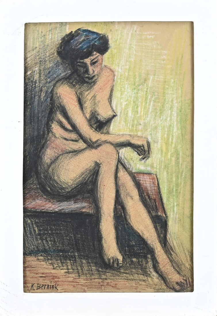 Klaas Bernink, Seated female nude: Klaas Bernink. 1913 - 1996 Glanerbrug. Seated female nude. Mixed media on paper. Dimensions: H 41x W 25 cm. In good condition.