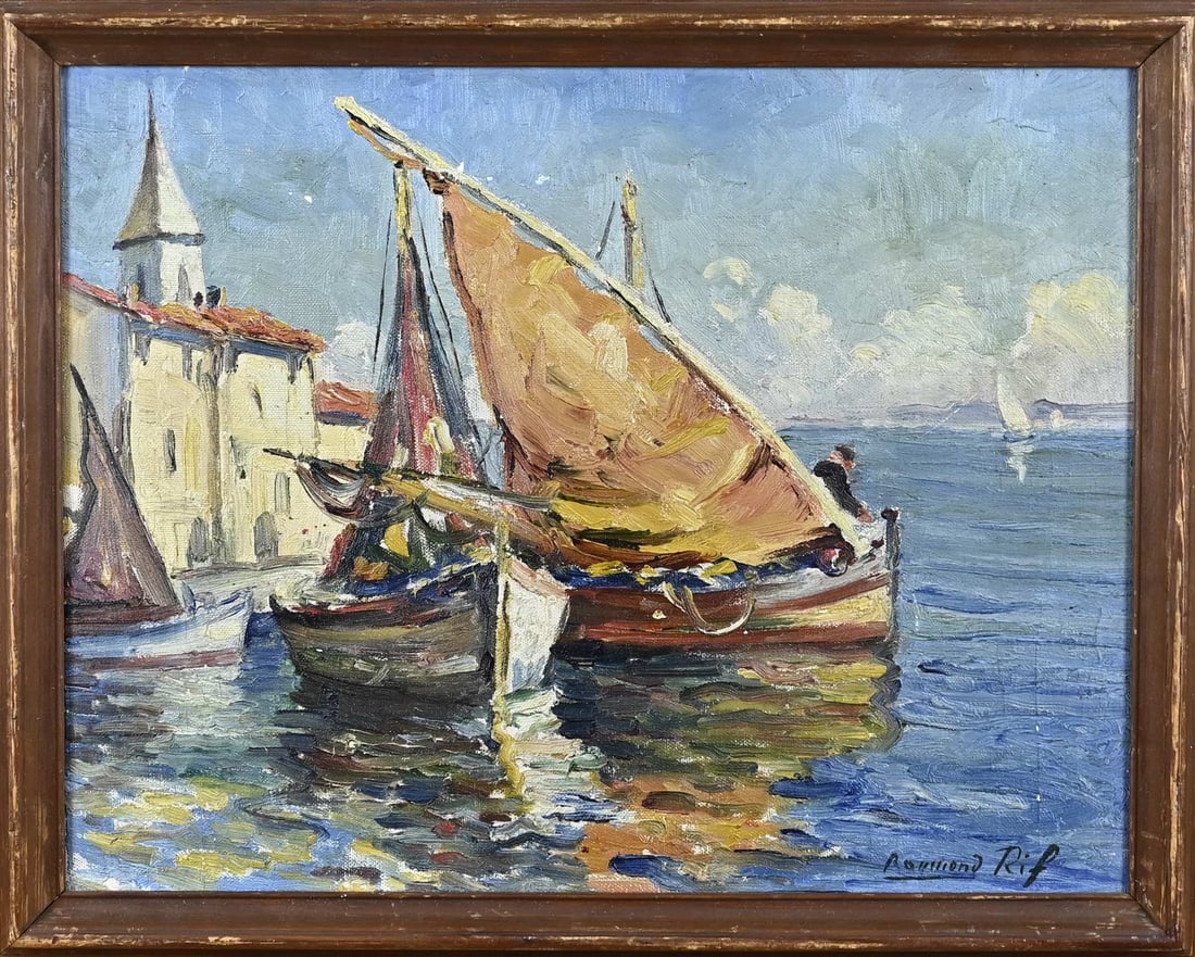 Raymond Rif, Port Barques St. Tropez: Raymond Rif (Rifflard). 1896 - 1981. Mediterranean port Barques St. Tropez. Oil on linen. Dimensions: H 32 x W 40.5 cm. In good condition.