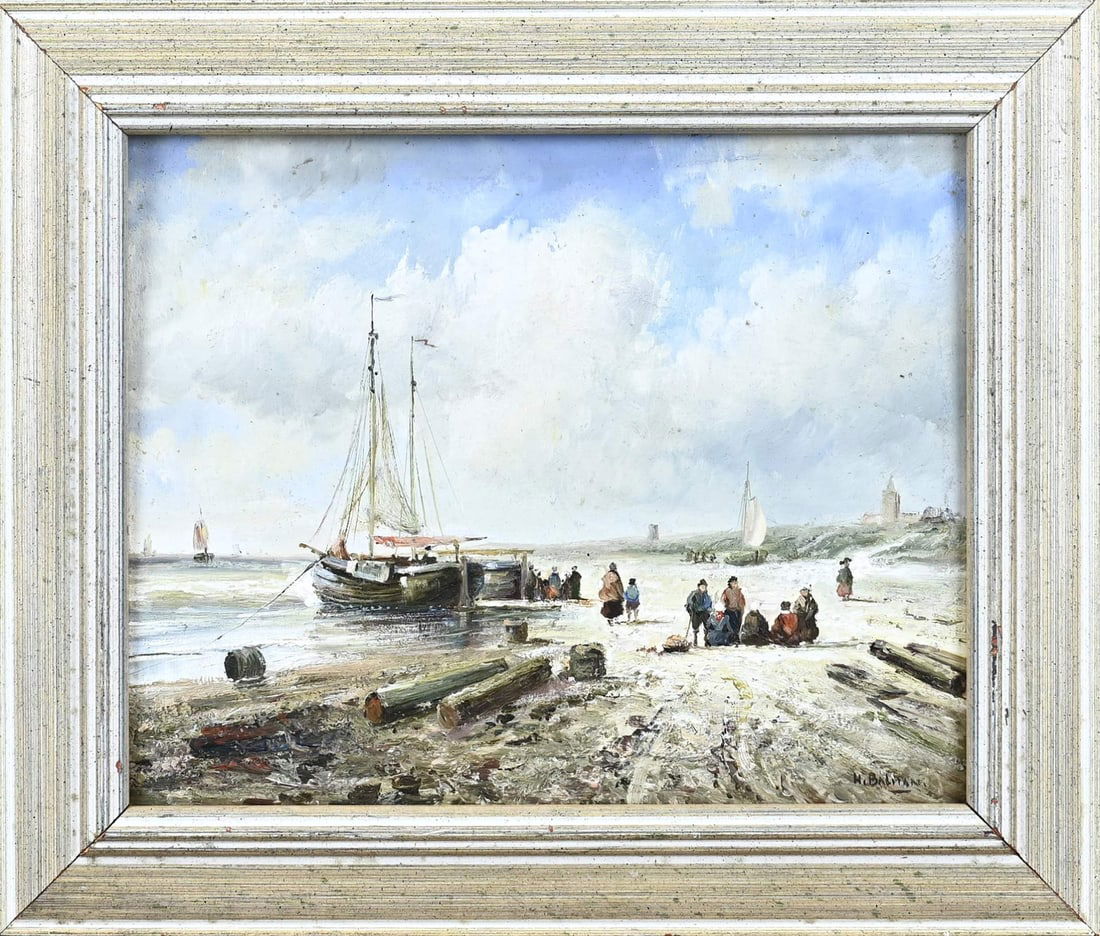 H. Balman, Dutch cityscape: H. Balman. Second half of the 20th century. Dutch cityscape with fishing boats and fishermen. Oil on panel. Dimensions: H 20 x W 25 cm. In good condition.