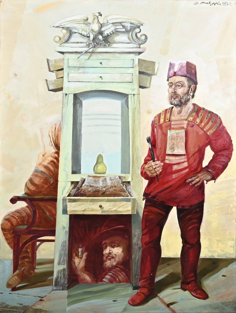 Allan Rzepka, Painter with brush: Allan Rzepka, 1994. Polish School. Painter with brush. Title: Rembrandt. Oil on canvas. Dimensions: H 140 x W 100 cm. In good condition.