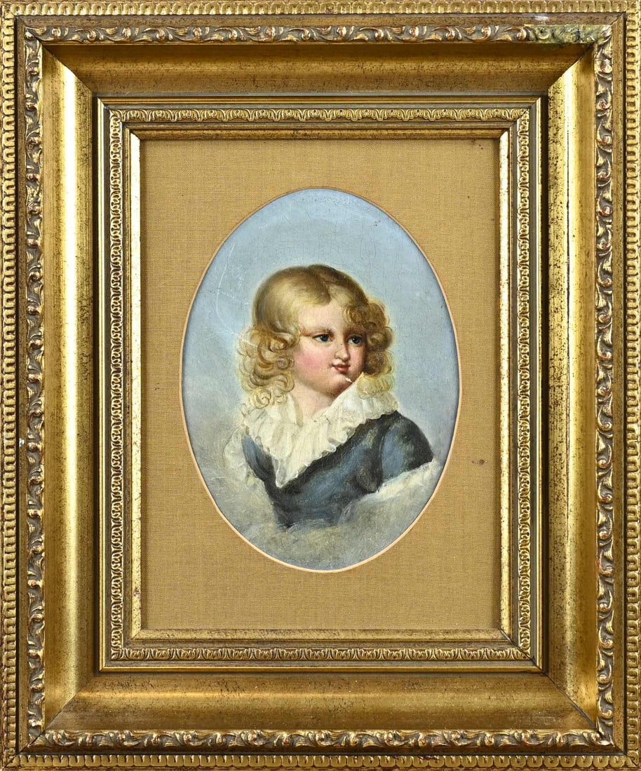 Unsigned, child portrait: Unsigned. Circa 1800. Child portrait with curls. Oil on linen. Marouflé. Scratch. Dimensions: H 17 x W 13 cm. In fair condition.