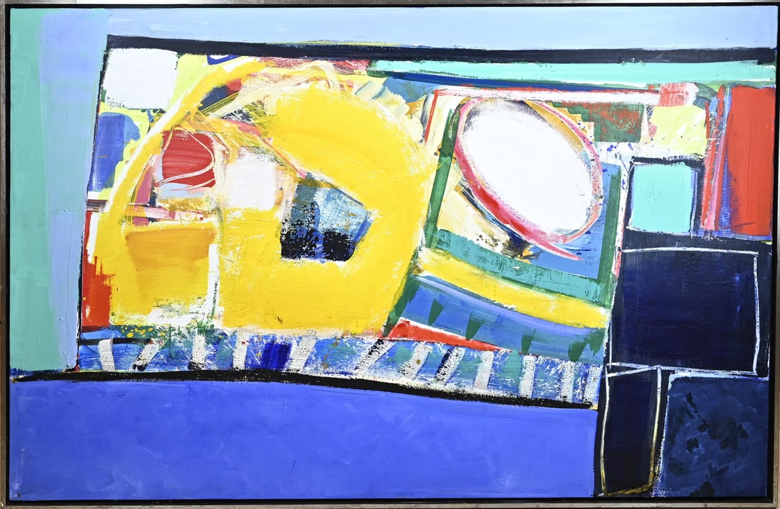 Unsigned, Colorful abstract: Unsigned. Large modern colorful abstract composition in tray frame. Acrylic on linen. Dimensions: H 130 x W 195 cm. In good condition.