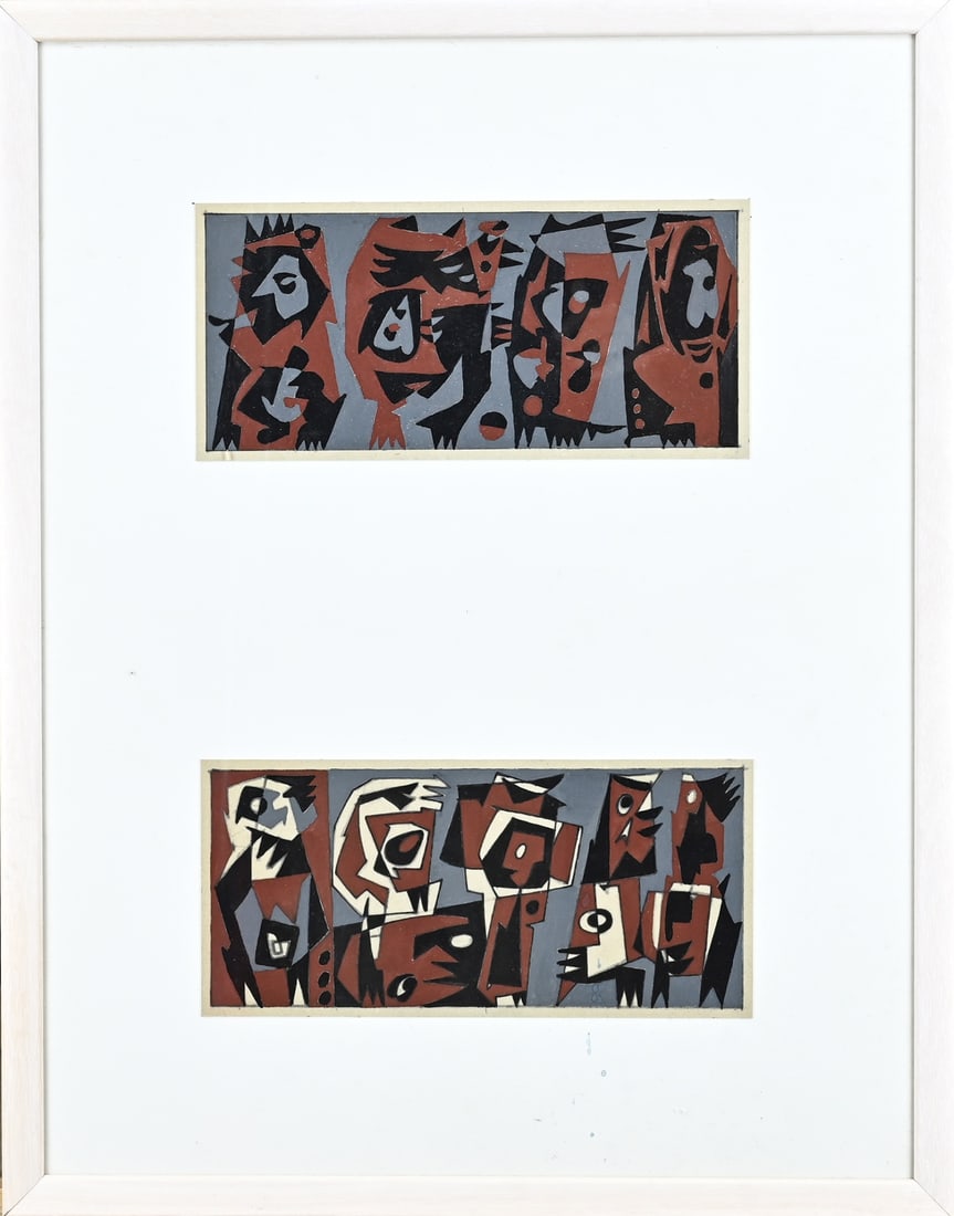Unsigned, 2x Abstract: Unsigned. 1960s. 2x Abstract figurative composition. Woodcut on paper. Dimensions: H 14x W 31 cm. In good condition.