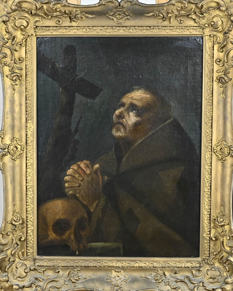 Unsigned, Monk with chain and skull: Unsigned. 17th - 18th Century. Monk with chain and skull. Oil on linen. Older restoration. Dimensions: H 69 x W 51 cm. In good condition.