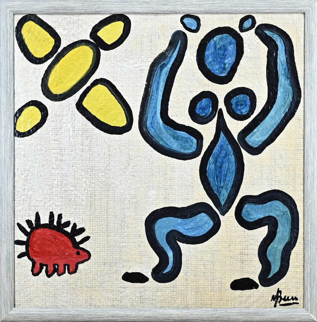 Van Beers, modern composition: van Beers. Second half 20th century. Modern composition. Female nude with hedgehog. Oil on board. Dimensions: H 50x W 50 cm. In good condition.