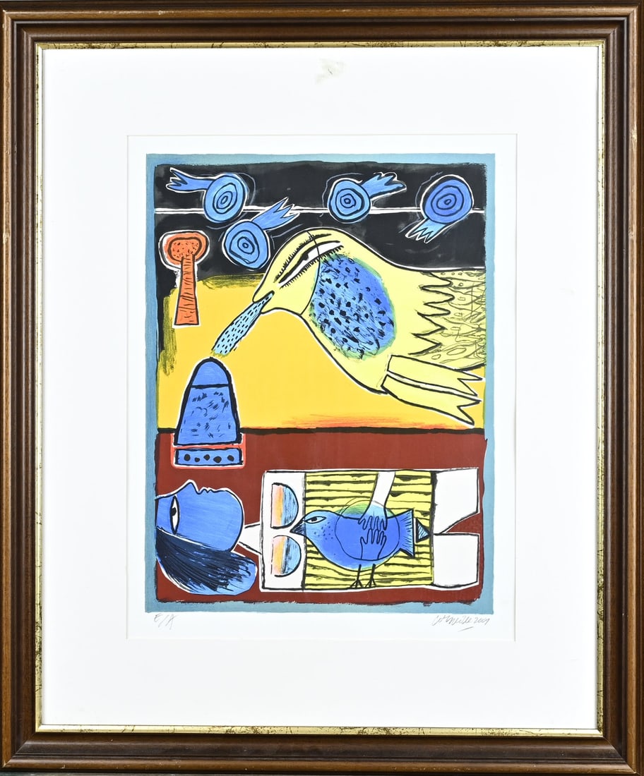 Corneille, Fantasy representation: Guilliaume Corneille. 2001. Epreuve d' artiste. 1922 - 2010. Fantasy representation with woman and birds. Lithograph on paper. Dimensions: H 56 x W 45 cm. In good condition.