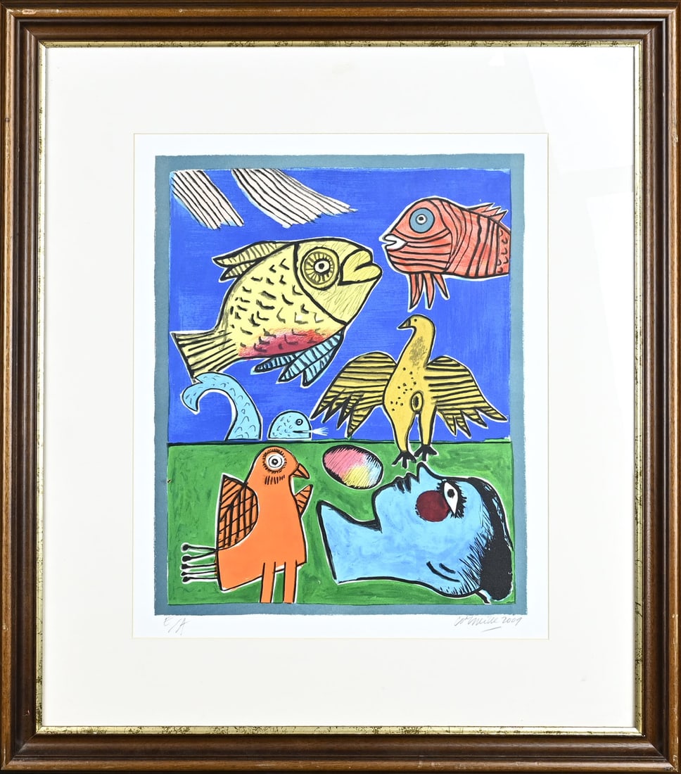 Corneille, Fantasy representation: Guilliaume Corneille, 2009. Artist's impression. 1922 - 2010. Fantasy representation with fish, birds and woman. Lithograph on paper. Dimensions: H 55 x W 45 cm. In good condition.