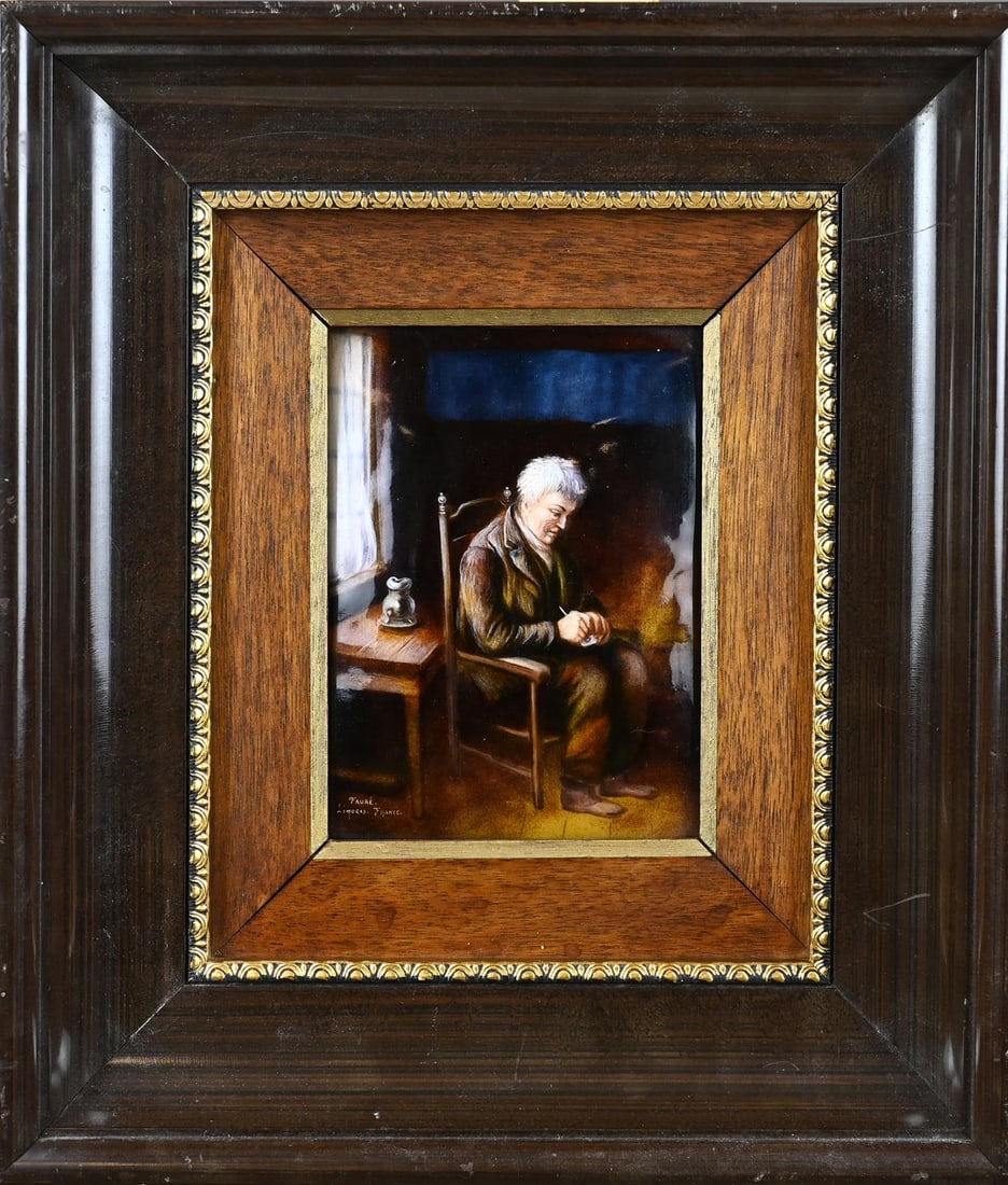 Limoges plaque: French Limoges enamel painting. Signed Fauré Limoges France. Handicraftsman on chair. 20th century. Dimensions: H 32 x W 28 cm. In good condition.