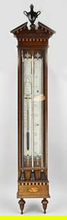 Barometer, 131 cm.: Antique Dutch mahogany baking barometer/thermometer, with intarsia. Louis Seize. By A. Pera Amsterdam. With pewter dial. Dimensions: 131 cm. In good condition.