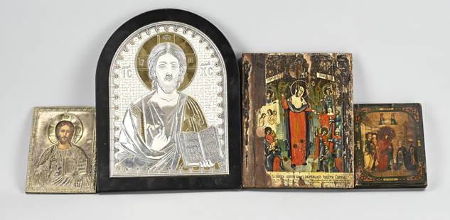 Lot of icons (4x): Four various old/antique icons. 1x Large Sterling silver 925 content, partly gilded. 3x Antique icon. Circa 1900. Size: 14 - 29 cm. In reasonable/good condition.