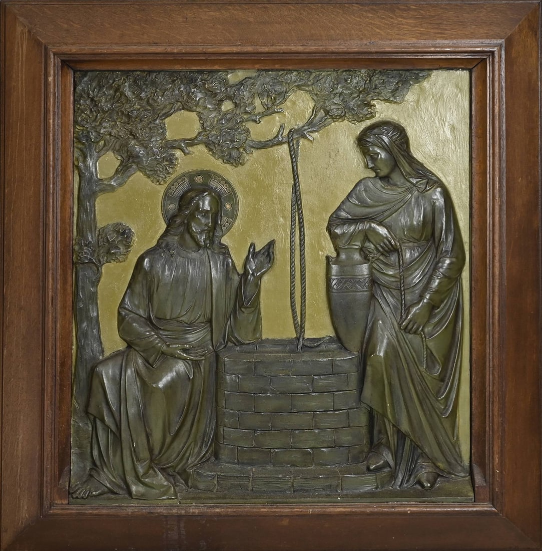 Religious plaque, 71 x 64 cm.: Antique, very large religious plaster plaque in bronze color. Oak frame. Circa 1880. Size: 71 x 64 cm. In good condition.
