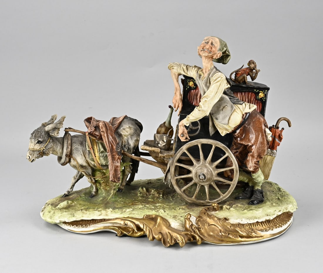 Porcelain statue, Barrel organ with music: Italian Naples porcelain figurine. Donkey cart with old man and barrel organ (with music box). Second half of the 20th century. One minimal chip. Dimensions: 28 x 38 x 21 cm. In good condition.
