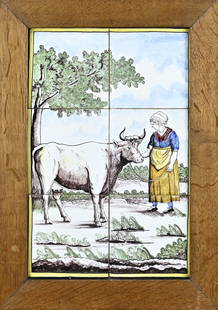 6-Pass tile tableau: 6-Pas 19th century polychrome painted tile tableau in oak frame. With image of farmer with cow. Circa 1880. One tile glued. Dimensions: 47 x 34 cm. In good condition.