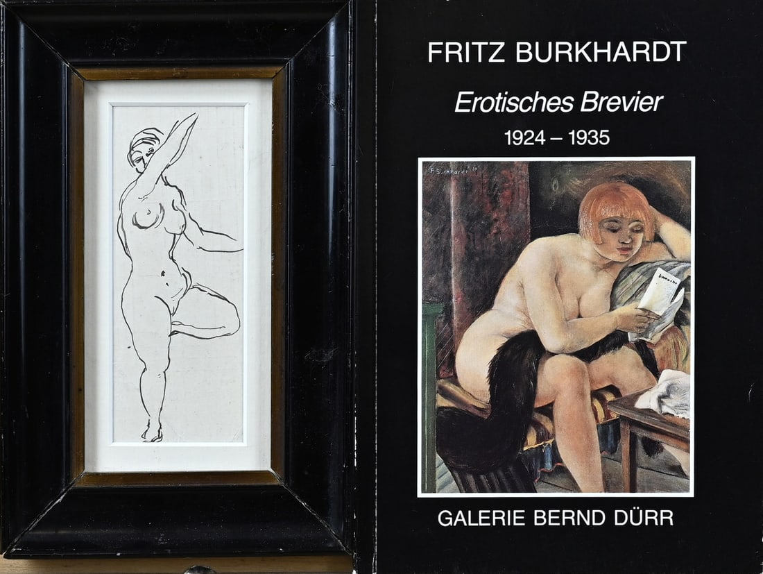 Unsigned, Female nude: Unsigned. Possibly Fritz Burkhardt. 1900–1983. 20th century. German School. Female nude. Brown ink on paper. Dimensions: H 12 x 5 cm. In good condition.