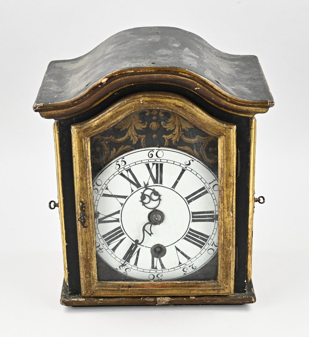 French wall clock: French, 18th-century iron wall clock, in its original polychrome case, with verge escapement and striking on two bells. Needs cleaning. Pendulum and weights are missing. Dimensions: 35 cm. In good con