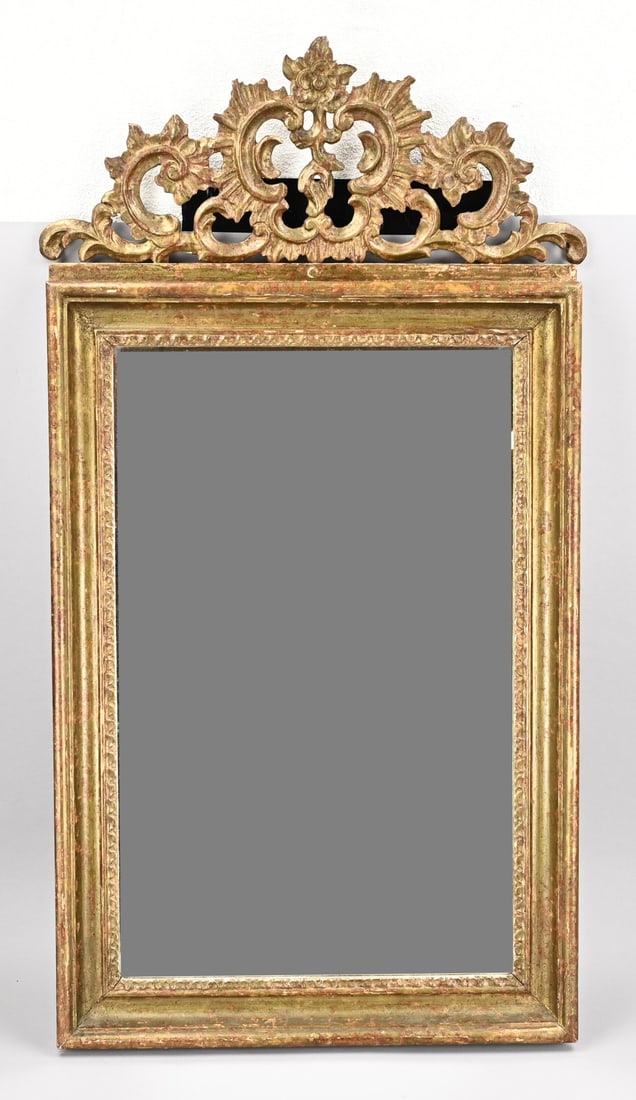 Antique mirror, 1860: Small 19th-century mirror with a carved wooden crown. Circa 1860. Dimensions: H 93 x W 50 cm. In good condition.