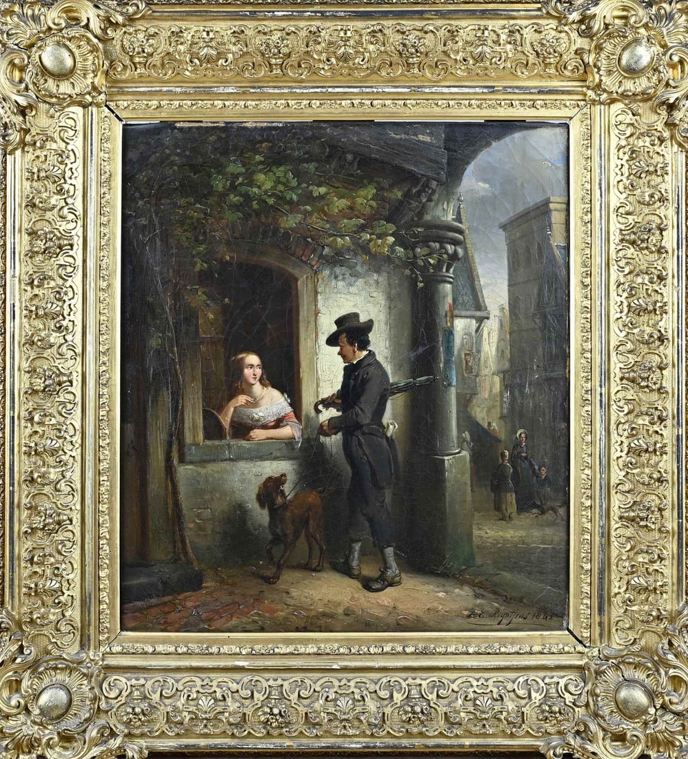 HE Reijntjens, Figures at a window: Henricus Engelbertus Reijntjens. 1817–1900. Figures at a Window. With original frame. Oil on canvas. Dimensions: H 47 x W 42 cm. In fair condition.
