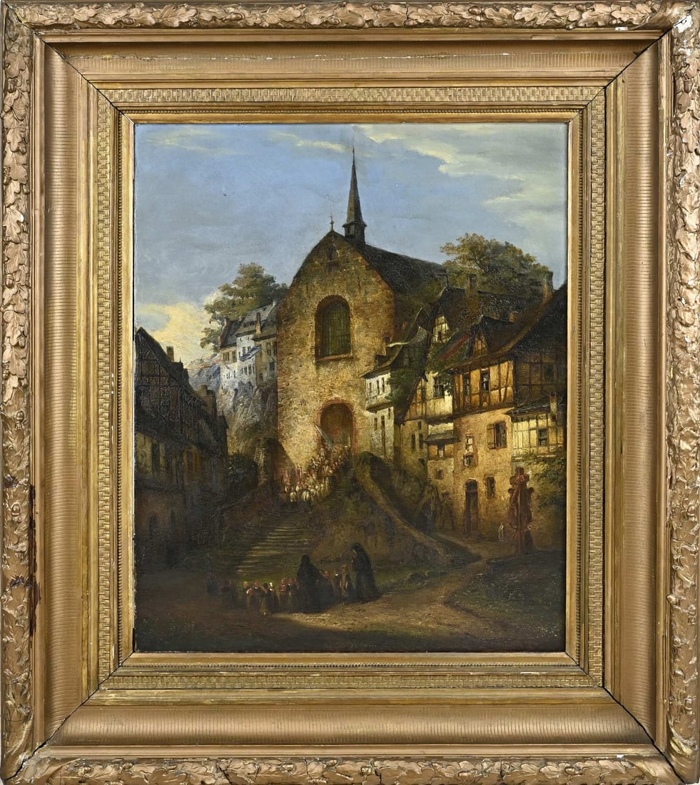 Unsigned?, Procession in village: Unsigned? 19th century. German School. Procession in village to church. Oil on panel. Dimensions: 80x60 cm and with frame: 113x96 cm. In good condition.