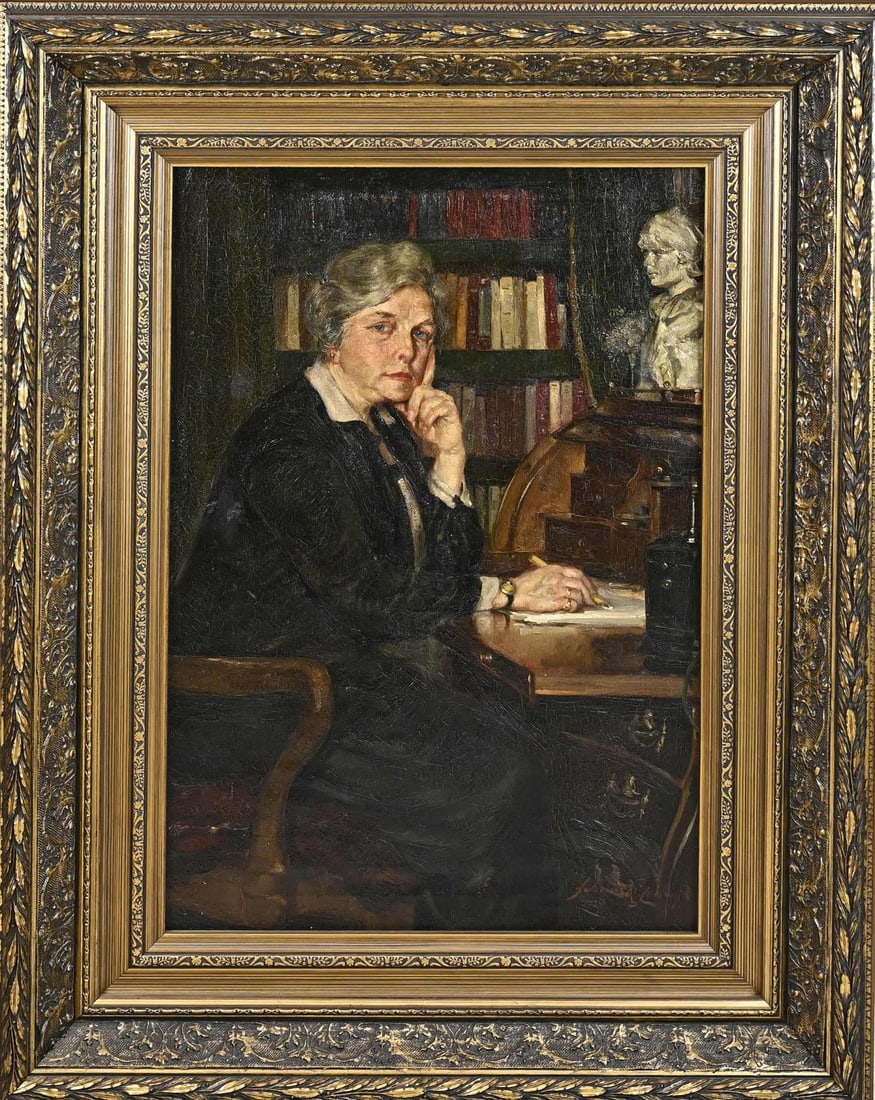 Schreuder vd Coolwijk, Lady at bookcase: Jan Schreuder vd Coolwijk. 1868–1962. Lady at bookcase writing letter. Oil on canvas. Dimensions: H 60 x W 40 cm. In good condition.