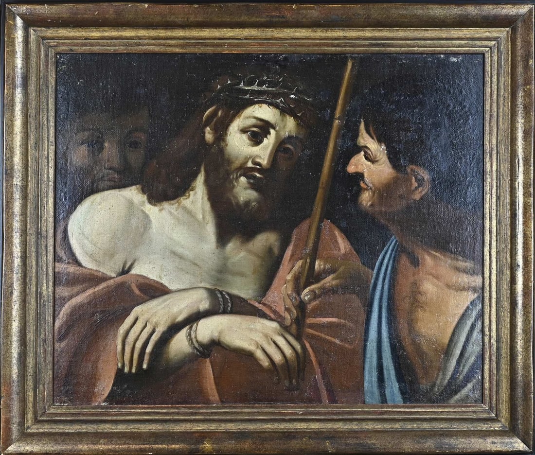Religious painting, Jesus with a crown of thorns: 17th-18th century religious painting depicting Jesus Christ with a crown of thorns. Older restoration and relining. Oil on linen. Dimensions: H 62 x W 74 cm. In good condition.