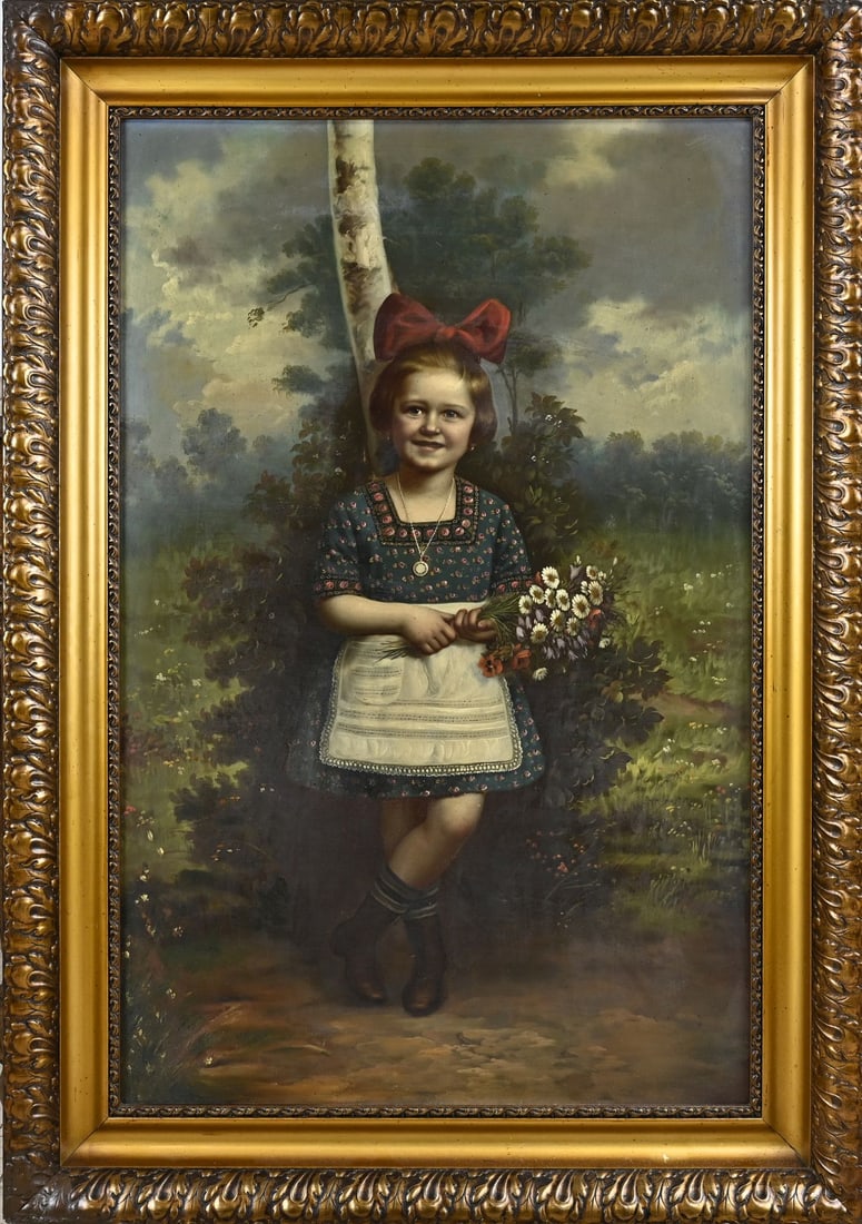 Unsigned, Girl with Flowers: Unsigned. Circa 1900. German School. Girl with flowers in a landscape. Oil on canvas. Marouflé. Dimensions: H 95 x W 60 cm. In good condition.