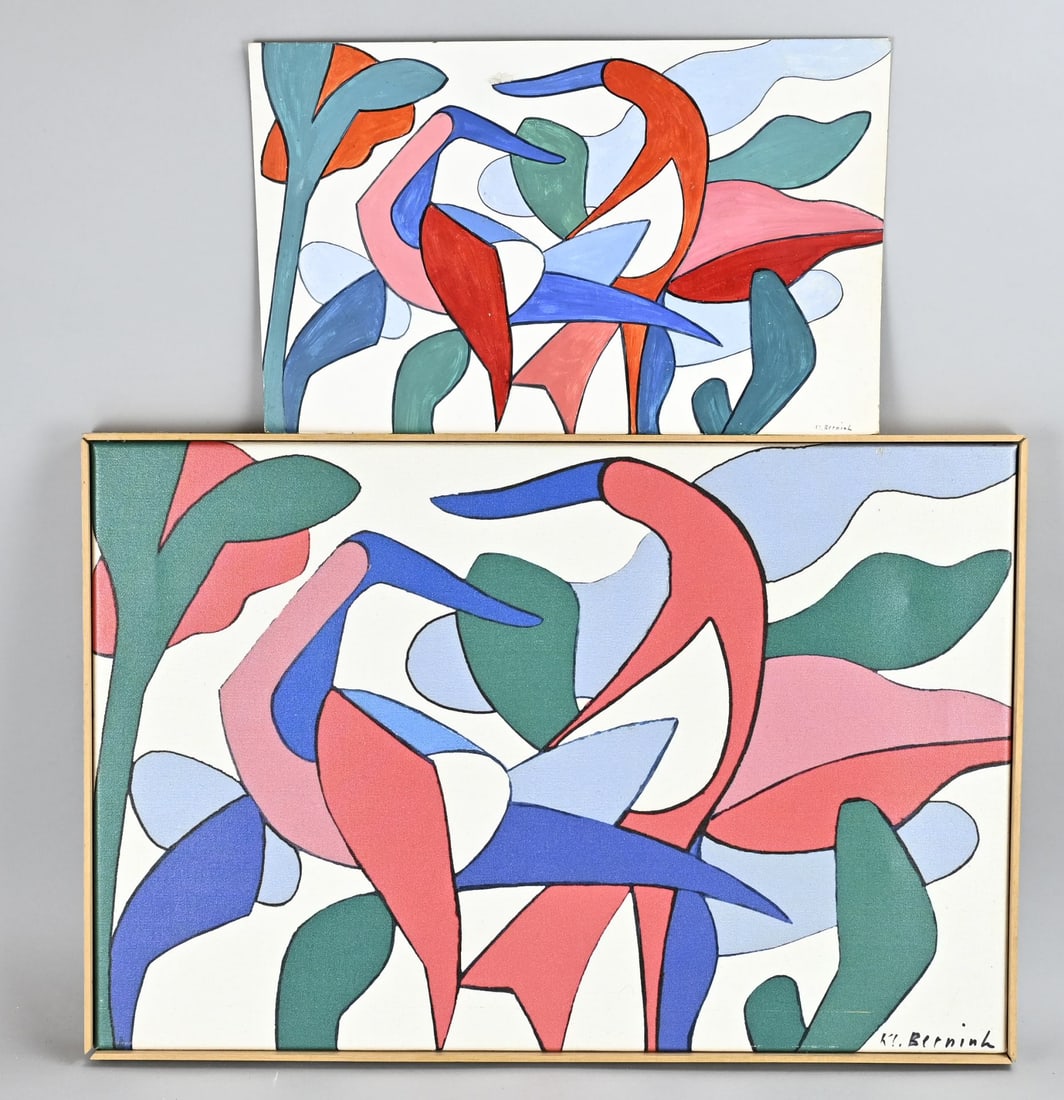 2x Klaas Bernink, Abstract: Two Klaas Bernink paintings. 1913–1996, Glanerbrug. One drawing, abstract composition on paper. One giclée print (therefore on linen). Dimensions: 40–60 cm. In good condition.