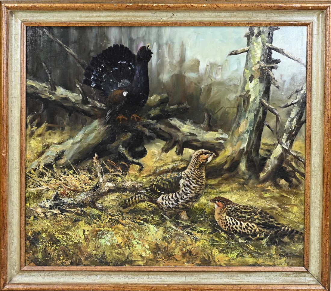 Bernd Pöppelmann, Capercaillie and Hens: Bernd Pöppelmann. 1946 - . German School. Landscape with capercaillie and hens. Oil on canvas. Dimensions: H 70 x W 80 cm. In good condition.