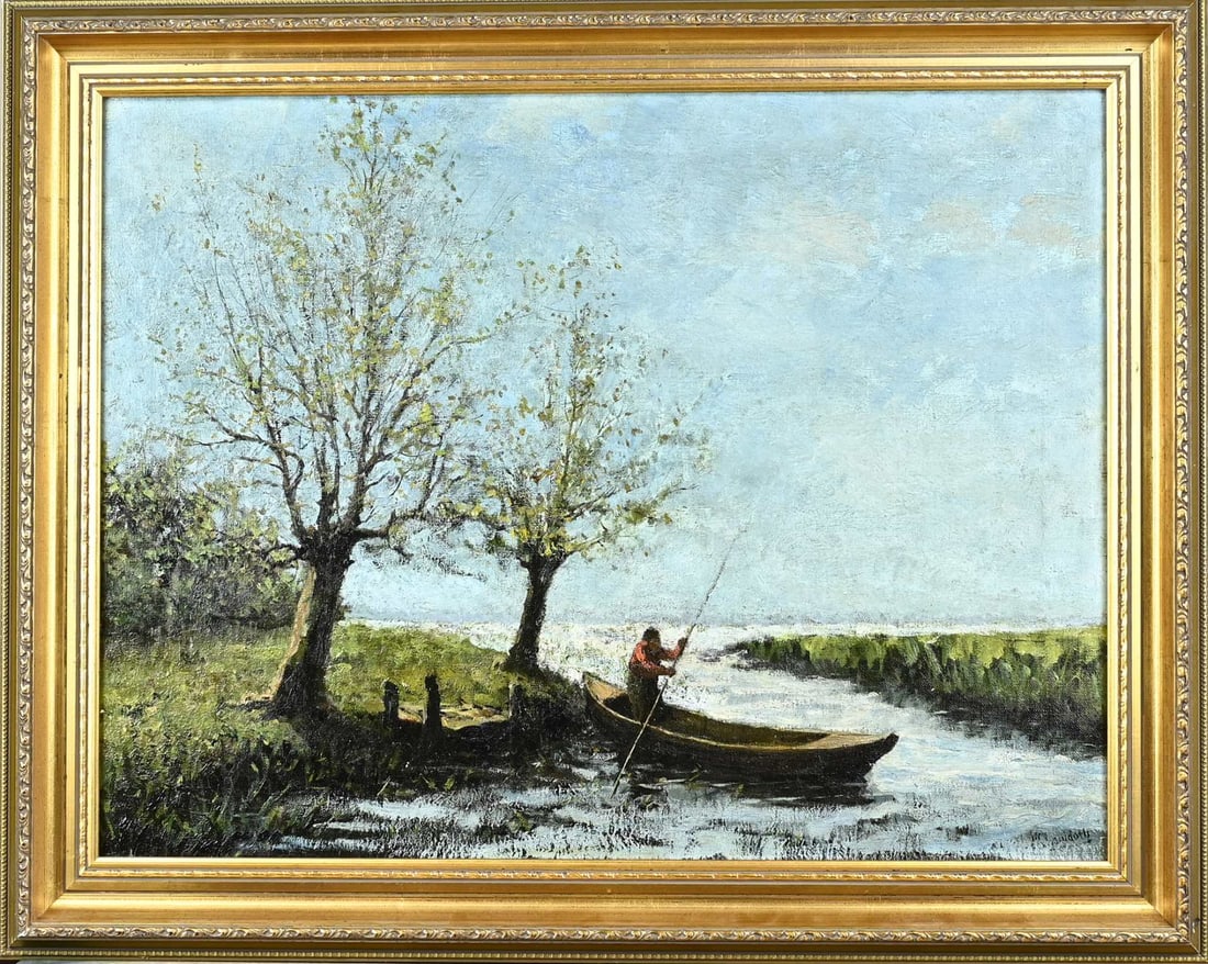 Maurits Lapidoth, River view with man in punt: Maurice Lapidoth. 1868 - 1930. River view with man in punt. Oil on linen. Dimensions: H 50 x W 70 cm. In good condition.
