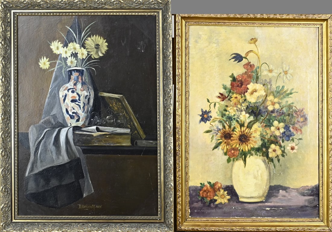 2x Painting, Flower still life: Two oil paintings. 1x D. Ocker, 1895, Imari vase with flowers and books. 1x HW Veenendaal, white vase with flowers. Oil on linen and oil on board. Dimensions: H 63 x W 46 cm / H 60 x W 40 cm. In fair/