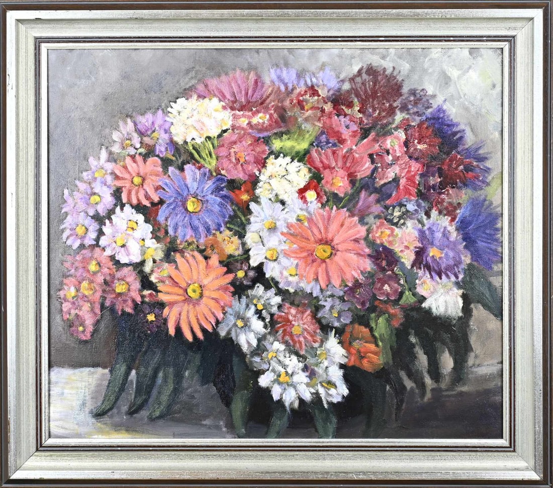 Painting, Flower still life: Flower still life. 20th century. Label on the back: George Plantenga. Title: "Abundance of Flowers." Oil on linen. Dimensions: H 60 x W 70 cm. In good condition.