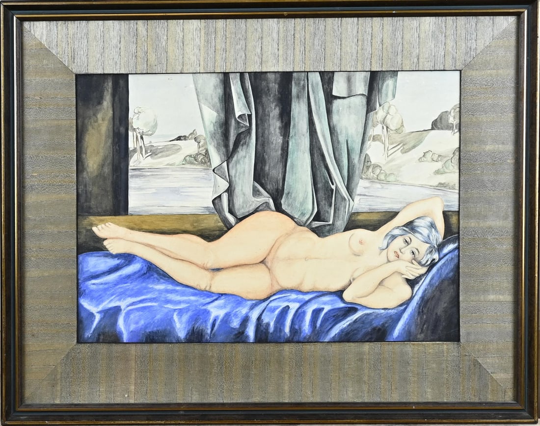 Unsigned? Reclining nude woman at window: Unsigned? Circa 1930. Reclining nude woman at a window. Watercolor on paper. Dimensions: H 30 x W 44 cm. In good condition.