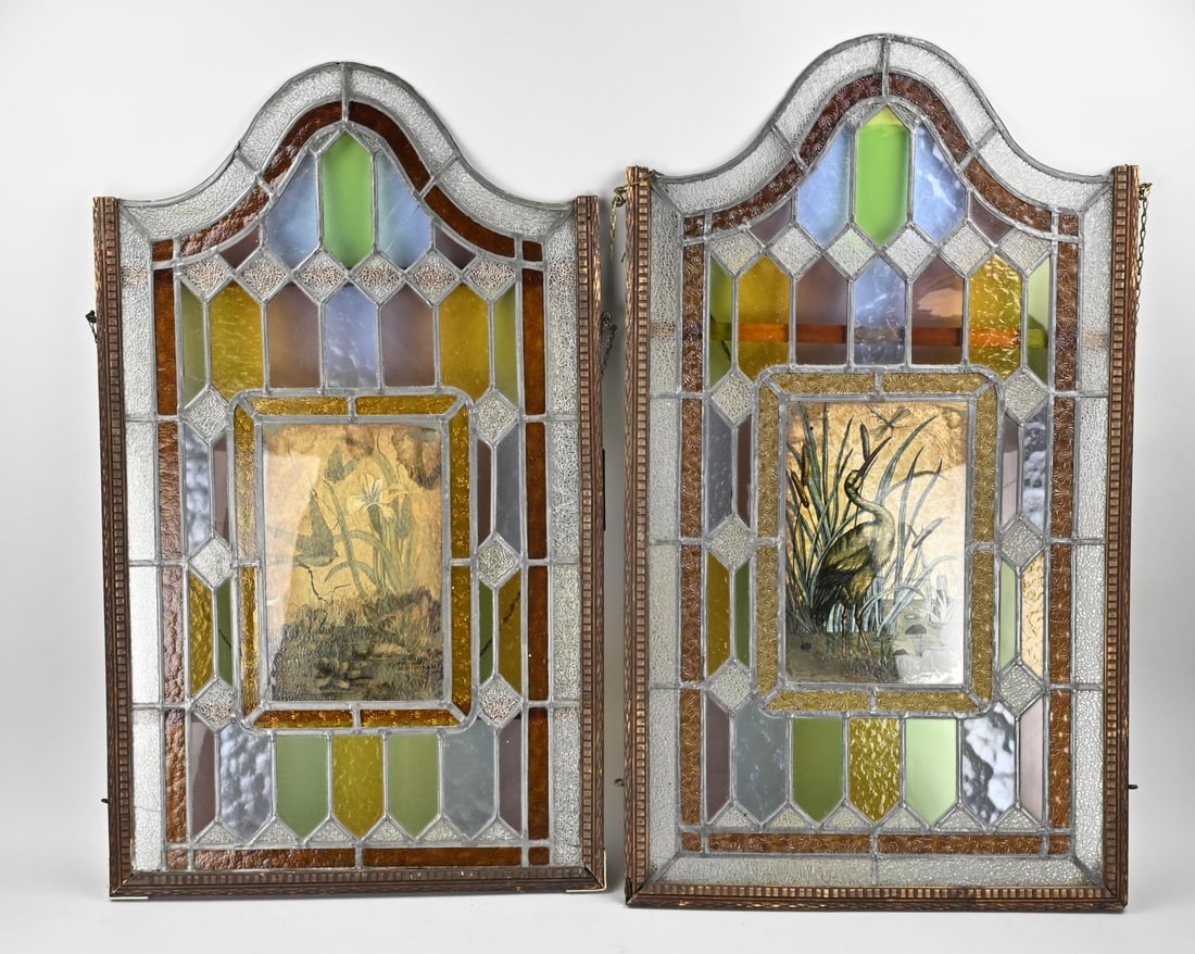 2x Antique stained glass window: Two large antique stained-glass windows. Art Nouveau. Circa 1900. One pane has a crack. Dimensions: H 82 x W 50 cm. Otherwise in good condition.