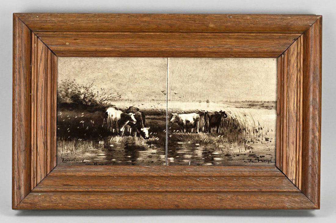 Tile tableau Rozenburg, 1900: Antique Rozenburg The Hague tile tableau with a double-sided panel depicting a scene based on a painting by Jan Vrolijk. Hand-painted. Circa 1900. Dimensions: H 27 x W 43 cm. In good condition.