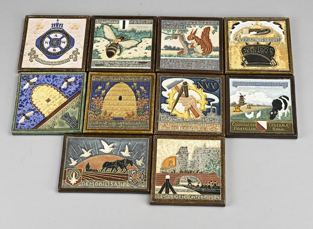 10x Porceleyne Fles tiles: Ten Delft faience polychrome tiles with cloisonné glaze from De Porceleyne Fles. First half of the 20th century. Dimensions: 12.5-15 cm. In good condition.