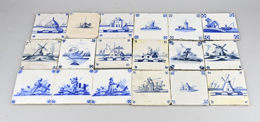 Lot of tiles (18x), landscape: 18 Dutch faience tiles with open landscape decoration. Some damage. Dimensions: 13 x 13 cm. In good condition.