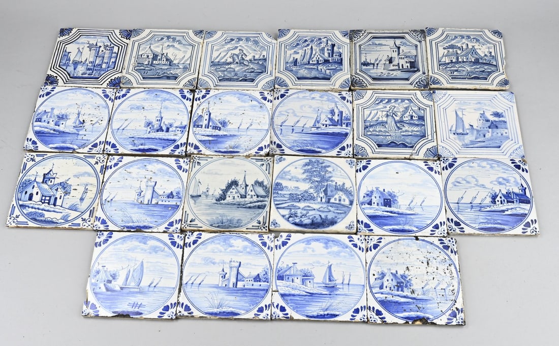 Lot of tiles (22x), landscape: 22 19th-century Dutch faience landscape tiles. Various. Some damage. Dimensions: 13 x 13 cm. In fair to good condition.