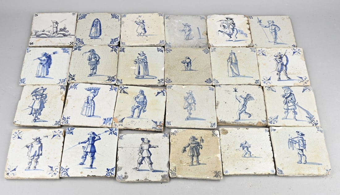 Lot of tiles (24x), Craft: Lot of 24 tiles with various figures and handicrafts. Circa 1800. Dimensions: 13 x 13 cm. In fair to good condition.