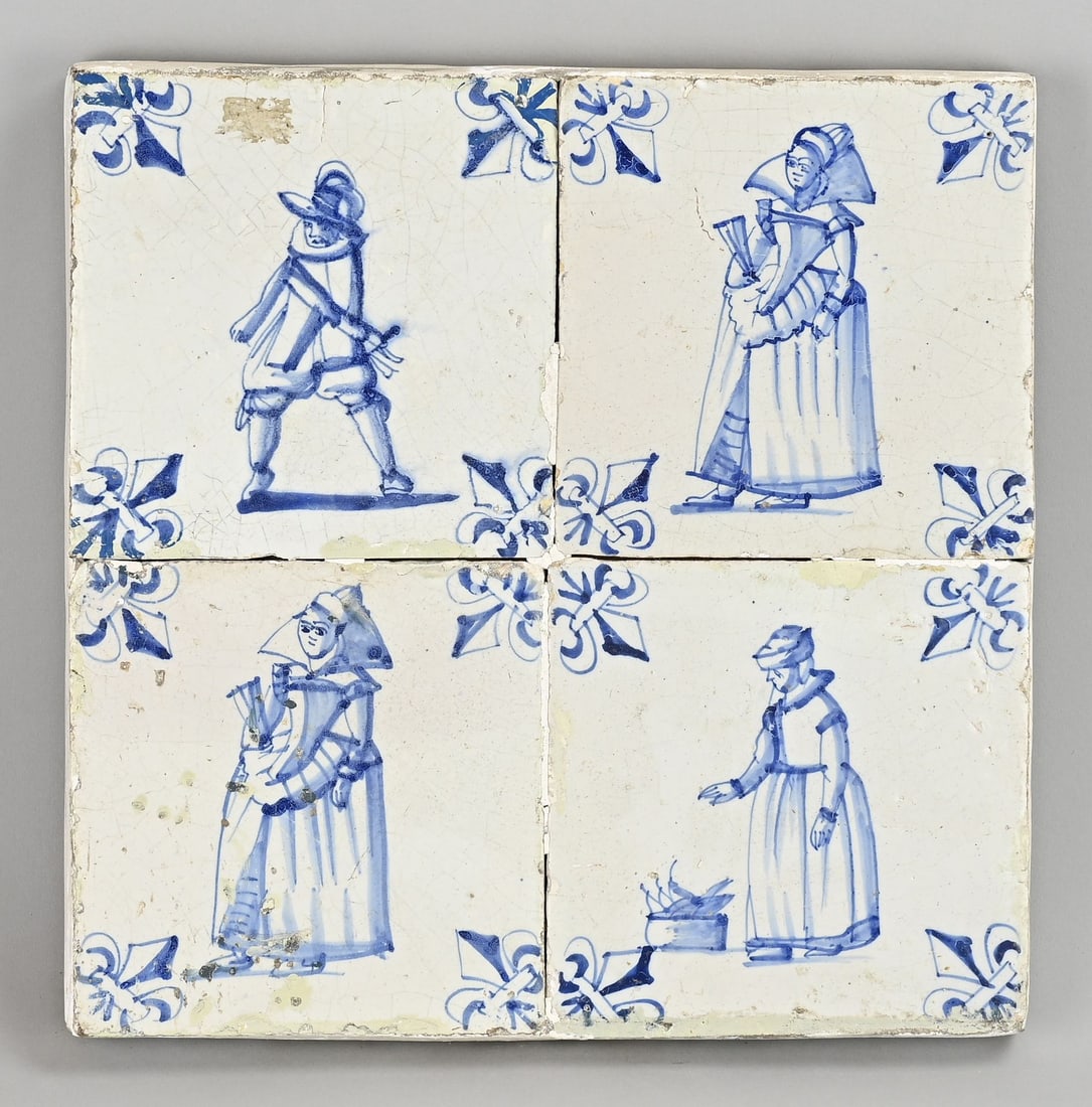 4-Pass, Craft tiles: 17th-century Dutch faience tile tableau with a four-level design depicting crafts. Edge restorations. Dimensions: 25.7 x 25.7 cm. In good condition.