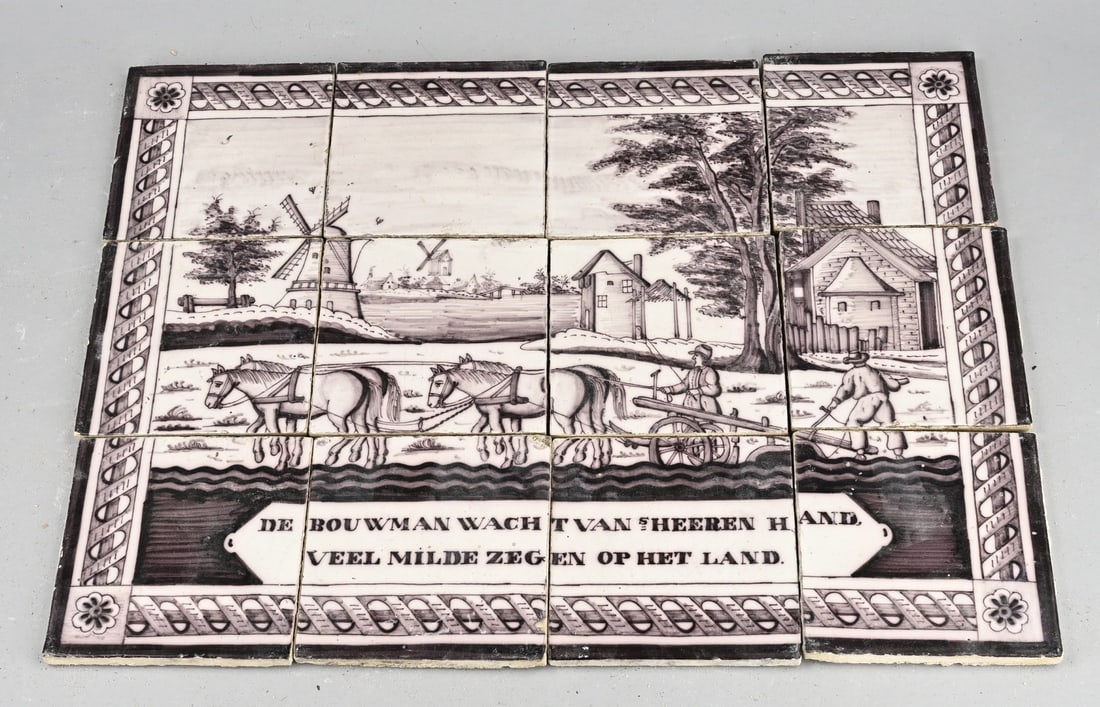 12-Pass tile tableau (loose): 12-Pas, Dutch, manganese-colored tile tableau with farm workers and the saying "The farmer awaits the Lord's hand, many gentle blessings on the land." Dimensions: H 39.5 x W 52 cm. In good condition.