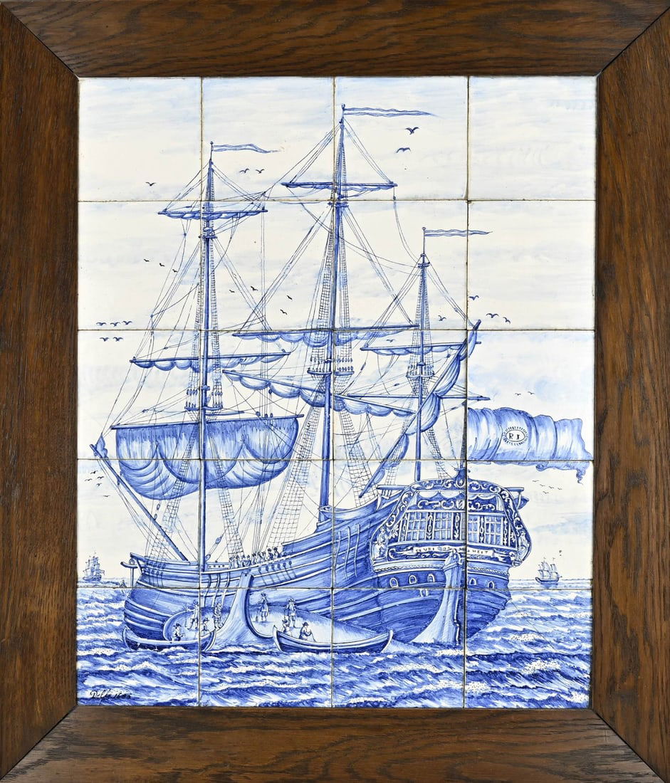Large tile tableau 20-pass, ship: Antique Dutch 20-metre Delft tile tableau featuring the three-master De Vrijheid. Circa 1900. Three hairlines. Dimensions: 80 x 64 cm. In good condition.