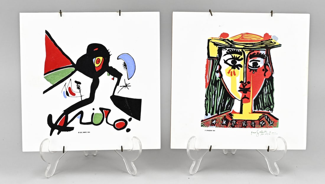 2xTile, Miro + Picasso: Two large wall tiles. 1994. Miro and Picasso depictions. By Spadem. Dimensions: 19.5 x 19.5 cm. In good condition.