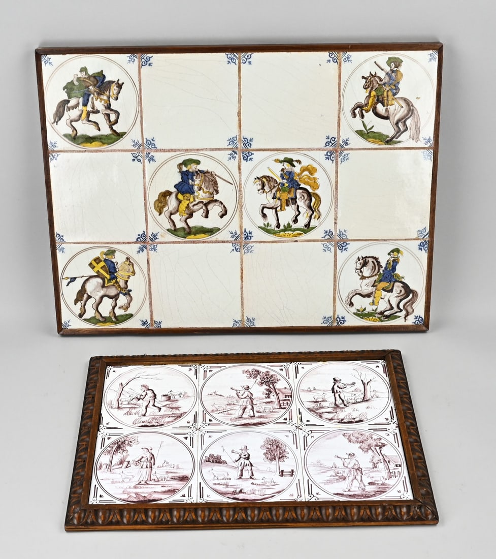 2x Dutch tile tableau: Two old Dutch tile tableaus. Manganese and polychrome. 20th century. Dimensions: 32 x 44 cm / 42 x 56 cm. In good condition.
