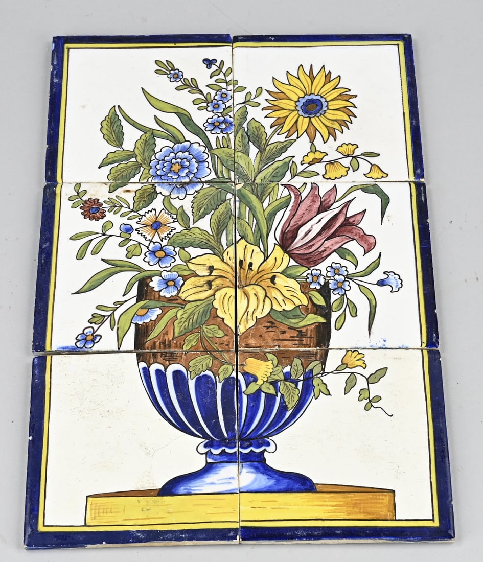 Lot of tiles (6x), Flower vase: 6-piece polychrome faience tile tableau with a flower vase decoration. Circa 1900. One chip. Dimensions (per tile): 13 x 13 cm. In good condition.
