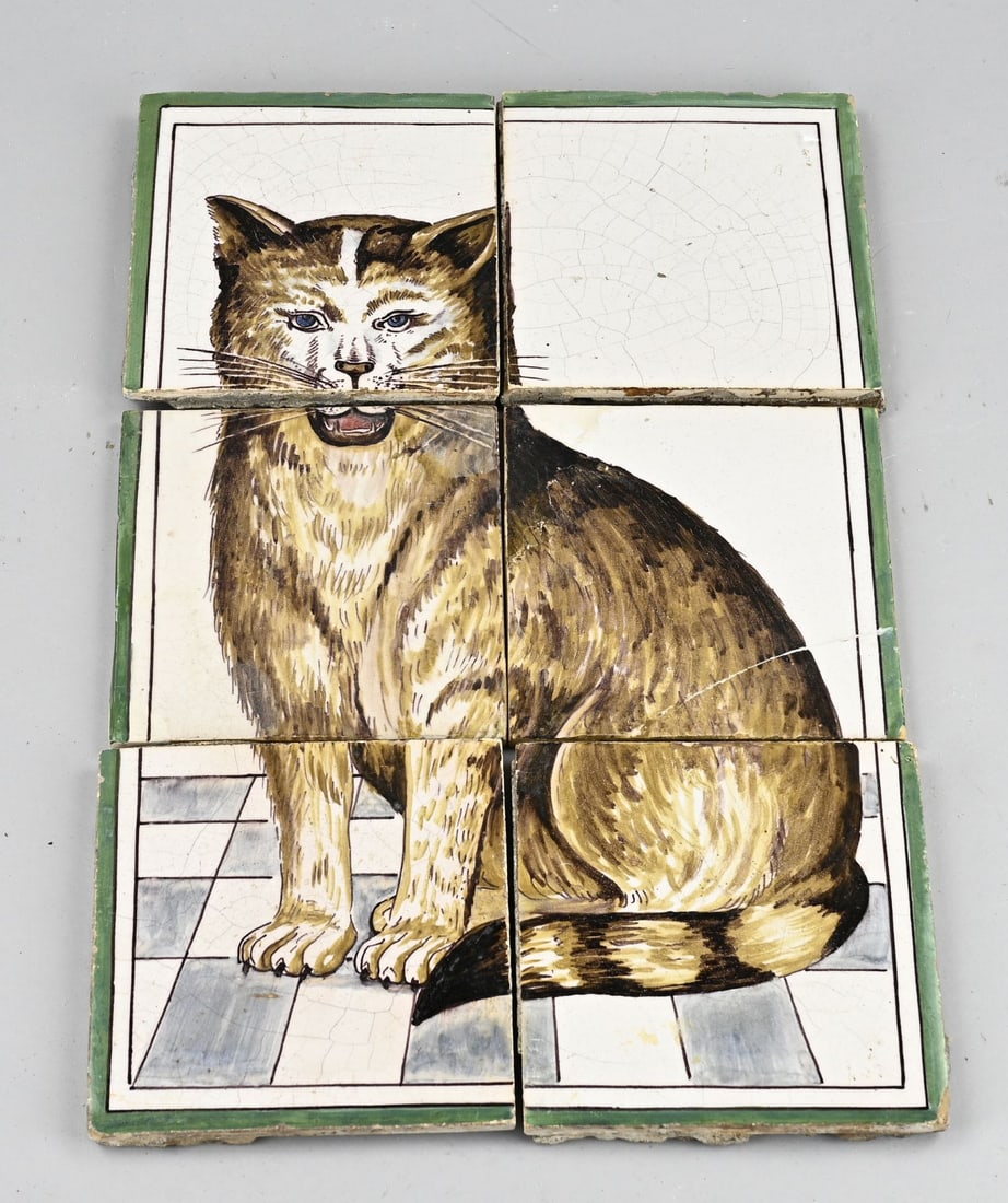 Lot of tiles (6x) Cat: Antique 6-panel polychrome faience tile tableau with a cat. 19th century. Some damage. Dimensions: 13.4 x 13.4 cm. In fair condition.