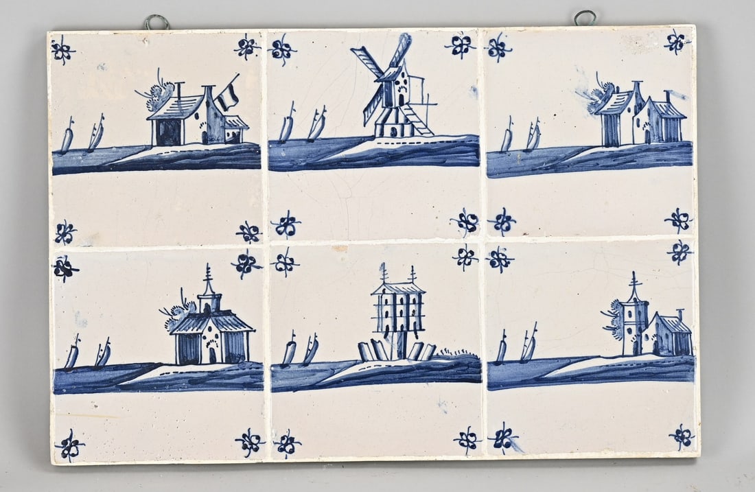 Tile tableau: A 6-piece tile tableau with six 19th-century waterscape tiles featuring houses. Dimensions: 26 x 40 cm. In good condition.