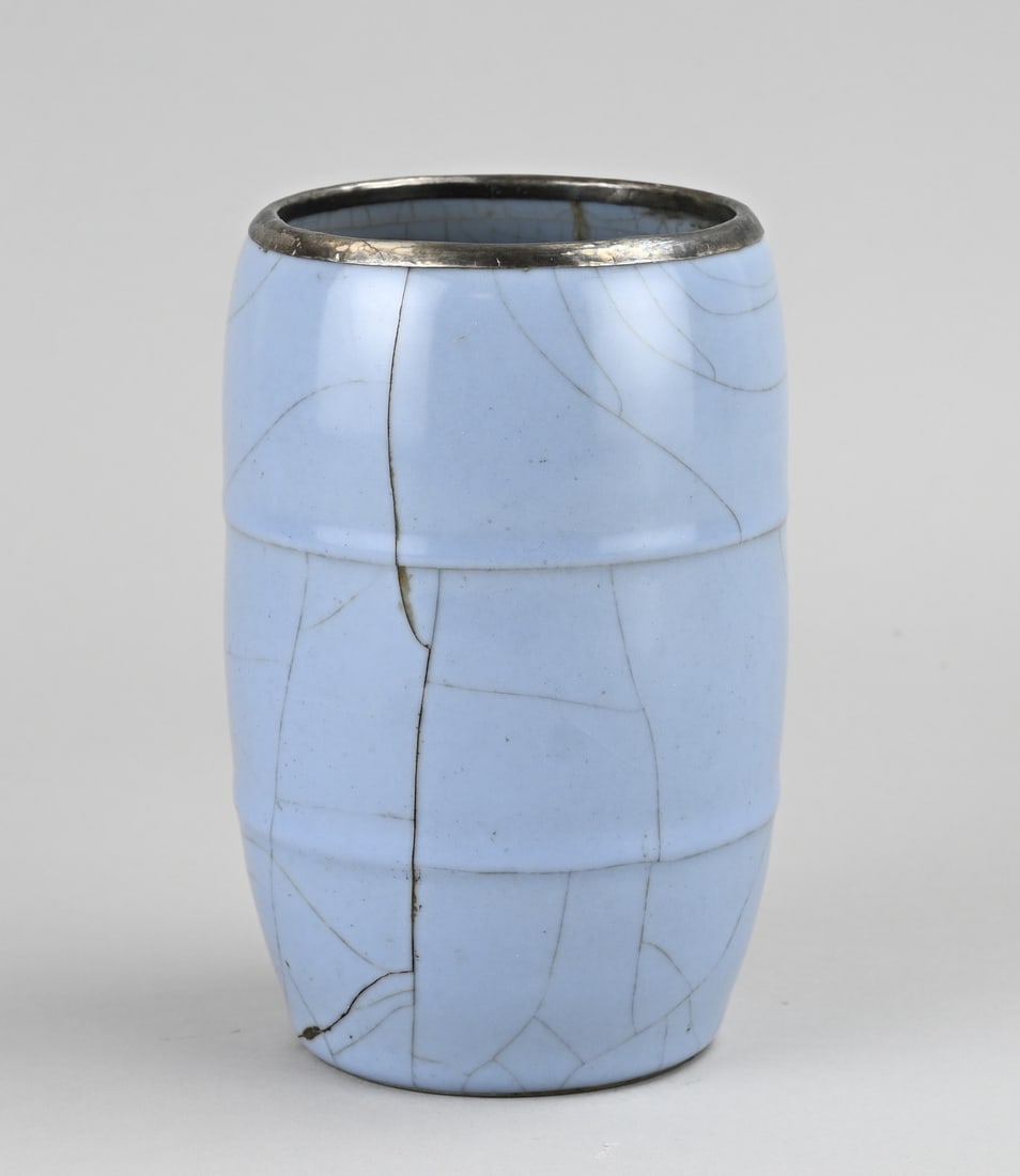 Blue celadon vase, H 16.7 cm.: Blue Chinese porcelain celadon vase with a metal rim. Restored. Dimensions: 16.7 cm. In good condition.