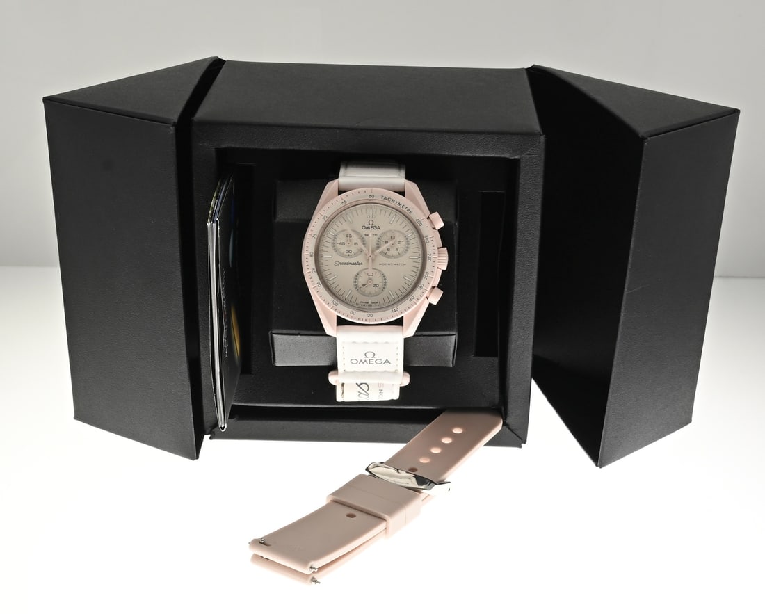 Watch Omega x Swatch, Mission to Venus: Bioceramic moonSwatch, Mission to Venus, Omega x Swatch. Speedmaster. With a light pink case and dial. Quartz. Case diameter 42mm. In original box with papers and proof of purchase, 2022. Working. In