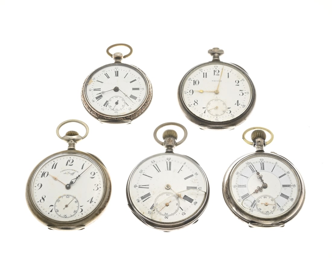 5 Pocket Watches: Lot of 5 silver pocket watches, 800/000, including Zenith and chronometer, de Grijff. ø44-49 mm. In reasonable condition.