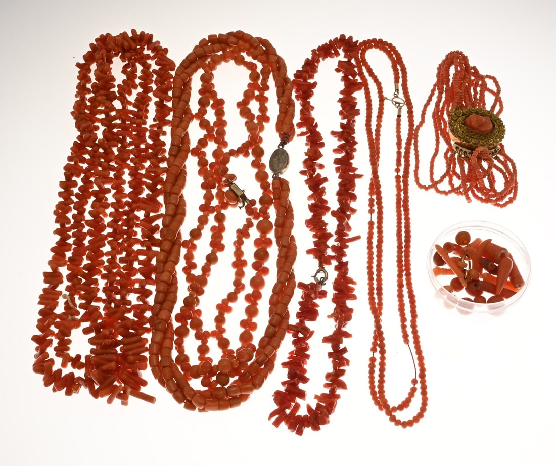 Lot of red coral, 6 and a small box: Lot of blood corals, featuring 5 necklaces with various blood corals and a bracelet with 10 rows of fine corals and a large double clasp with a carved blood coral. And a small box of large corals. Tot