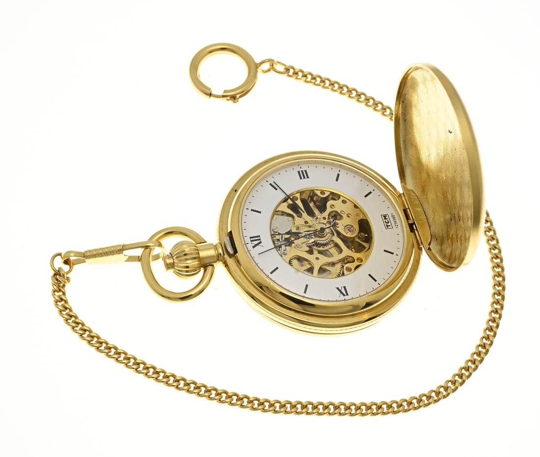 Pocket watch with double chain: Double pocket watch, TCM, with a protective cover and an open-eye movement. The watch has a double watch chain. ø 49 mm. Mechanical. Working. As new.